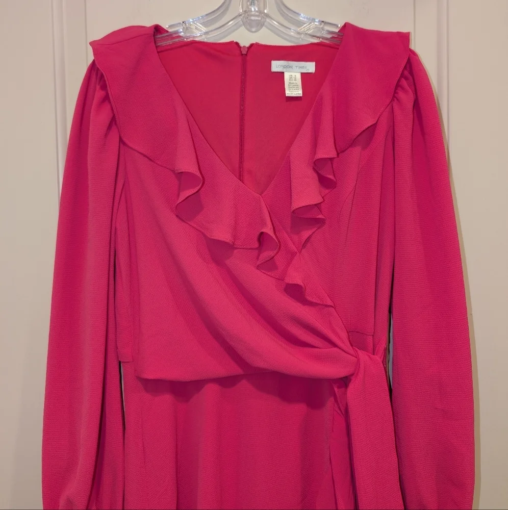 London Times V-Neck Ruffle Detail Long Sleeve Wedding Guest Dresses for Women - Picture 3 of 10